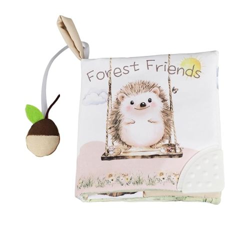 Ali+Oli Baby Cloth Book – Soft Sensory Crinkle Book with Teether for Infants 0-12 Months – Early Learning Touch & Feel Tummy Time Toy – Newborn Shower Gift for Boys & Girls - Forest Friends