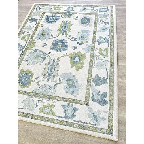 Green Oushak Rug, Modern, Vintage, Turkish, Eclectic, Floral, Pastel, Washable, Area Rugs for Living Room, Dining, Bedroom, Office, Entryway, Foyer, Playroom, Nursery, 5'x6'9"