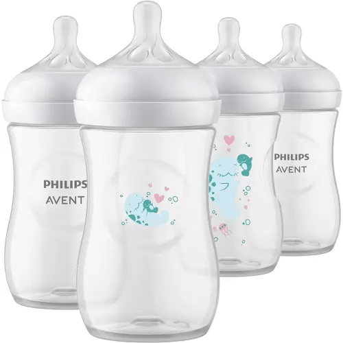 Philips AVENT Natural Baby Bottles with Natural Response Nipple, with Manatee Design, 9oz, 4pk, SCY903/61