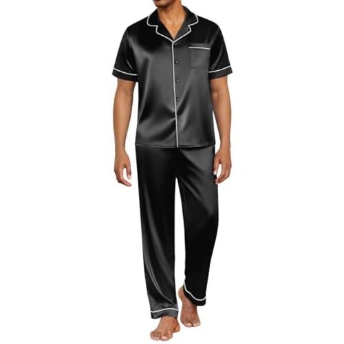 Ekouaer Lg Mens Satin Pajama Set Short Sleeve Button Down Sleepwear Classic Loungewear Set with Long Pants