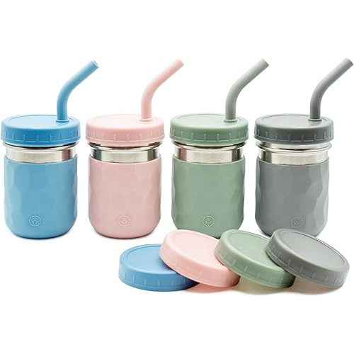 WeeSprout 2-in-1 Drinking Cups for Kids, Durable Stainless Steel Tumbler for Smoothies, Silicone Straws with Stoppers, Premium Plastic Twist Lids, Easy-Grip Sleeves, Set of 4 Dishwasher Safe Kid Cups