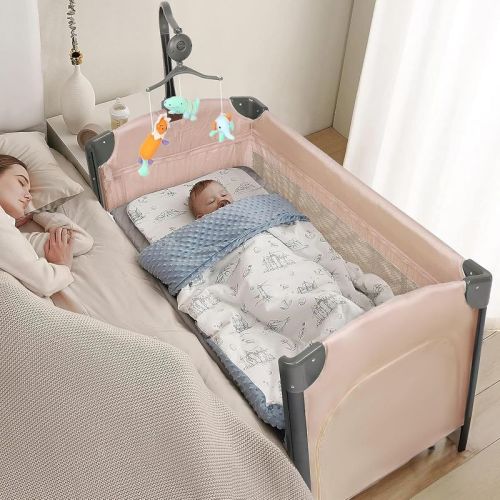 JOYMOR 3 in 1 Baby Bedside Bassinet, Bedside Sleeper with Mattress and Sheet, Convert to Bassinet, Playpen