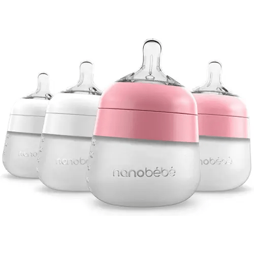Nanobébé Flexy Silicone Baby Bottle, Anti-Colic, Natural Feel, Non-Collapsing Nipple, Non-Tip Stable Base, Easy to Clean 4-Pack, Pink/White, 5 oz