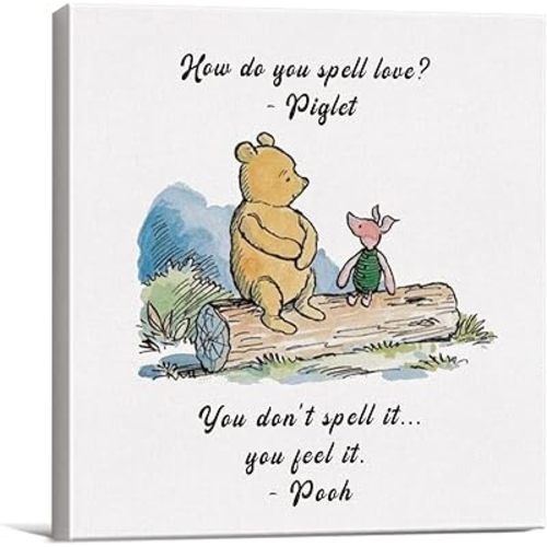 Classic Winnie the Pooh Wall Art Decor How Do You Spell Love Quote Canvas Painting Pictures Framed Print Sign Artwork Ready to Hang for Home Nursery (8x8 Inch)