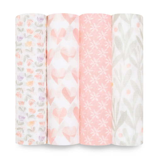 aden + anais Essentials Swaddle Blanket, 4 Pack, Piece of My Heart