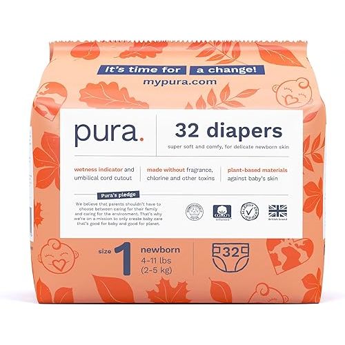 Pura Size 1 Eco-Friendly Diapers (4-11lbs) Hypoallergenic, Soft Organic Cotton Comfort, Sustainable, Wetness Indicator, Allergy UK Certified. Newborn 1 Pack of 32 Baby Diapers