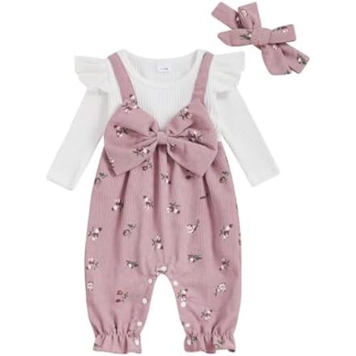 Newborn Baby Girl Clothes Ruffle Sleeve Jumpsuit Corduroy Floral Romper+Headband Cute Fall Winter One Piece Outfit