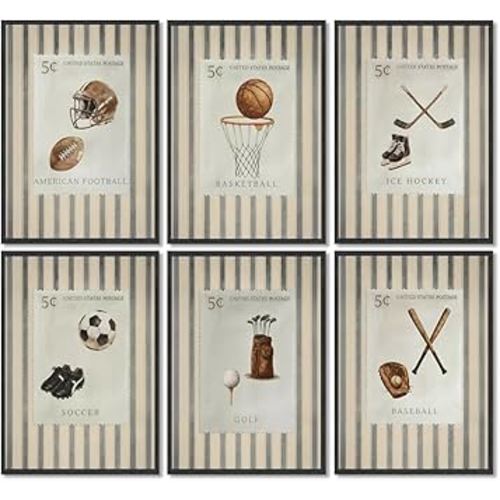 6Pcs Vintage Sports Canvas Wall Art Childrens Room Golf Painting Picture Wall Decor Youth Sports Poster Print Artwork for Childrens Rooms Bedrooms Nurseries Home Decoration 8X10in