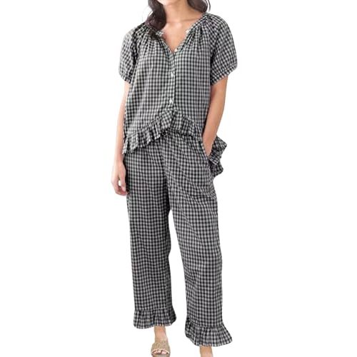 codcm Womens Gingham Pajama Set 2 Piece Short Sleeve Babydoll Shirt and Pants Lounge Set Cute Sleepwear