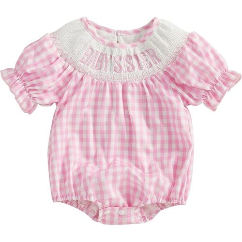 Big Sister Baby Sister Matching Outfit Letter Embroidery Short Sleeve Smocked Bubble Romper Plaid Dress Summer Clothes