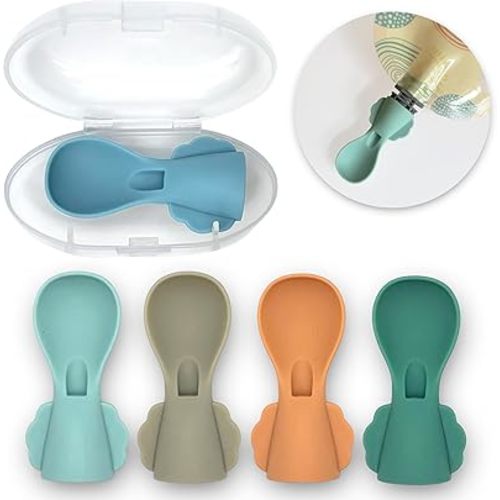 LittleWhispers Stage 1 Baby Pouch Spoon Attachment - 5 Pack Small Spoons - Travel Case Included - Silicone Baby Food Pouch Spoon Tops - Squeeze Baby Pouch Topper