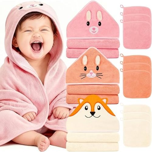 31x31 Inch Baby Hooded Towels, 12Pcs Baby Towels and Washcloths Set, Soft and Absorbent Baby Bath Towels, 3 PCS Cute 32x32 in Baby Towel with Hood and 9 Pcs Baby Washcloths for Boys and Girls
