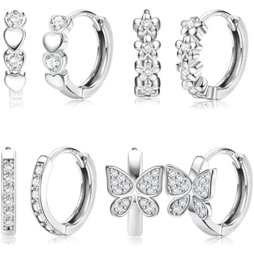 925 Sterling Silver Post Small Hoop Earrings For Girls - Hypoallergenic Huggie Earrings for Women Cute Heart Flowers Butterfly Star Cubic Zirconia Cartilage Earrings For Sensitive Ears 4Pairs