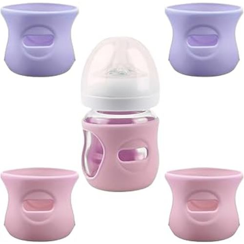 4 Pack Silicone Sleeves for Avent Natural Glass Baby Bottles, Anti Breakage Baby Bottle Holder, Compatible with Philips Avent Glass Natural Baby Bottle, BPA Free (Pink Purple, 4 OZ)