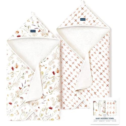 GRSSDER Baby Hooded Towel 2 Pack for Newborn, Super Soft Bath Towels with Original Design, Ultra Absorbent Knit Terry, Large Toddler Towels with Hood for Girls, Shower Gifts for Infant, 34"x 34"