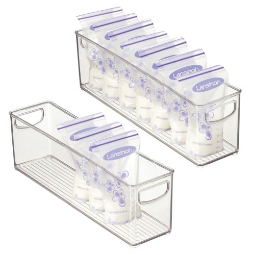 mDesign Plastic Long Stackable Storage Bin, Handles for Nursery, 2 Pack, Clear