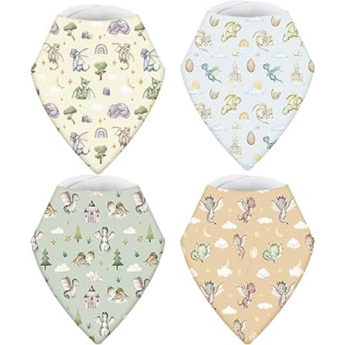 VitalCozy 4 Pcs Watercolor Dragon Baby Bandana Bib Cotton Newborn Infant Feeding Drool Bib for Drooling and Teething Girl Boy