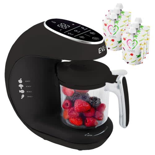 EVLA'S Baby Food Maker, Steamer, Blender, Baby Food Processor for Healthy Homemade Baby Food in Minutes, Touch Screen with 6 Reusable Food Pouches, Baby Registry Essential, Dark Grey