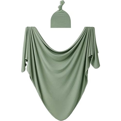 Large Rayon Jersey Knitted Swaddle Blanket for Baby, Soft Stretchy Receiving Blanket for Newborns with Hat, Large 47 x 47 inches (Sage)