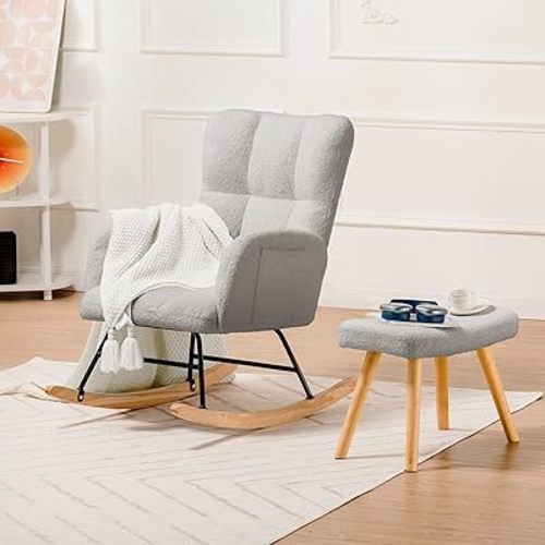 COMHOMA Nursery Rocking Chair with Ottoman, Teddy Glider Rocker Accent Chairs with High Backrest Reading Chair for Adult,Bedroom, Living Room, Offices (Gray with Ottoman)