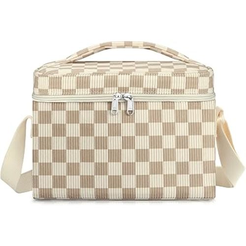 Insulated Lunch Bag for Women, Cute Corduroy Reusable Lunch Box for Adult, Leakproof Cooler Bag for Work Office Travel Picnic, Lunch Tote Bag with Adjustable Shoulder Strap (Checkered Khaki)