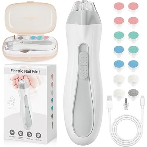 Baby Nail Trimmer Electric, 15 in 1 Baby Nail Clippers for Gentle Nail Care, Rechargeable Baby Nail File Electric with Light &15 Grinding Pads for Infant Toddler, Grey