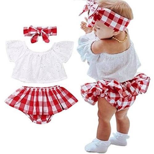 LXXIASHI Baby Girl Summer Outfits Lace Crops Top Plaid Skirts Bloomer Shorts Headband Sets 3PCS, Cold Shoulder