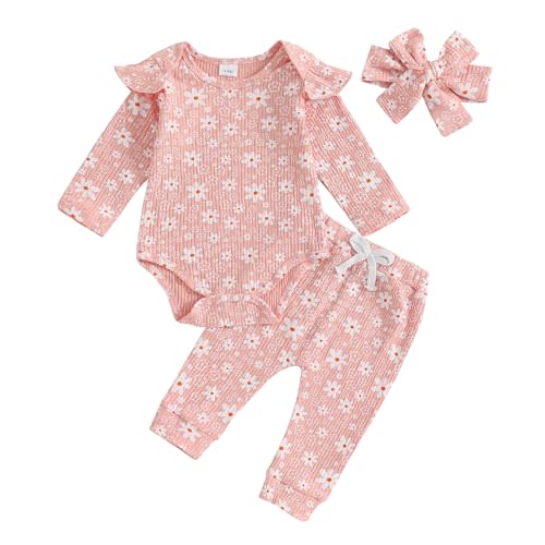 Rarjuiey Newborn Baby Girl Outfits Flower Ribbed Ruffle Long Sleeve Romper Pant Headband 3Pcs Infant Fall Winter Clothes Set