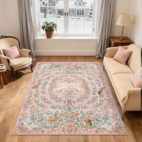 Machine Washable 5x7 Area Rugs for Living Room, Non Slip Soft Low Pile Unicorn Floral Farmhouse Moroccan Vintage Animal Playroom Girls Rugs for Bedroom, Large Carpet Rugs for Nurseries(Pink,5'x7')