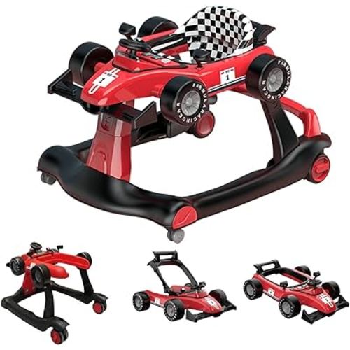 4-in-1 Baby Walker, Foldable Activity Walker with Adjustable Height & Speed, Music, Lights, Steering Wheel, Activity Baby Push Walker for Boys Girls Aged 6–18 Months (Red)