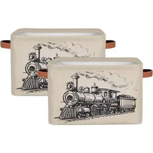 Large Storage Baskets for Organizing Shelves Vintage Steam Locomotive Train Foldable Cube Storage Bins with Handles Rectangle Fabric Closet Organizers for Home Toys Clothes, 2 Pack