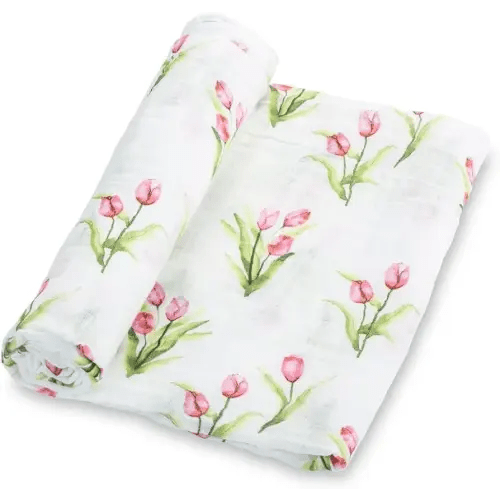 LollyBanks Baby Swaddle Blanket, 100% Muslin Cotton Muslin Blankets for Girls, Large 47 x 47 Inches Soft and Breathable Swaddles for Newborns, Gentle Baby Wrap Swaddle, Registry (Tulip Print)