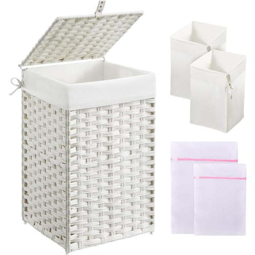 Laundry Hamper with Lid, 60L Clothes Hamper with 2 Removable Liner Bags & 2 Mesh Bags, Handwoven Synthetic Rattan Basket, Toys in Bathroom, Bedroom White