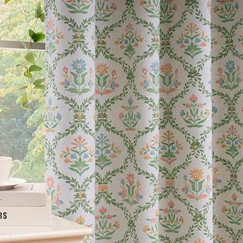 ColorBird Nursery Curtains Girl Spring Decor Blackout Floral Green and Pink Block Print Patterned Curtain Farmhouse Vintage 63 Inch Drapes for Bedroom Living Room Window Treatments