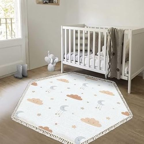 Hexagon Boho Rug Cute Moon Stars Clouds for Nursery Baby Clothing Trendy Chic Washable Area Rug Hallway Runner Rug Minimalist Meditation Mat for Living Room Bedroom Entryway Nursery Classroom