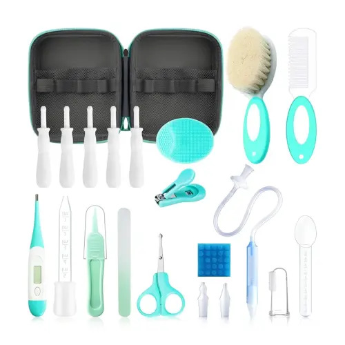 Baby Healthcare and Grooming Kit, 21 in 1 Portable Baby Essentials Kit with Gas Relief Hair Brush Comb Nasal Aspirator for Newborn Boys Girls (21 Kits-Green)