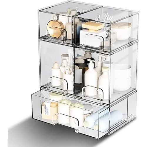 5 Pack Stackable Storage Drawers, Clear Plastic Organizer Bins with Handles for Makeup, Beauty Supplies, Ideal for Vanity, Bathroom, Undersink, Cabinet Organization and Storage