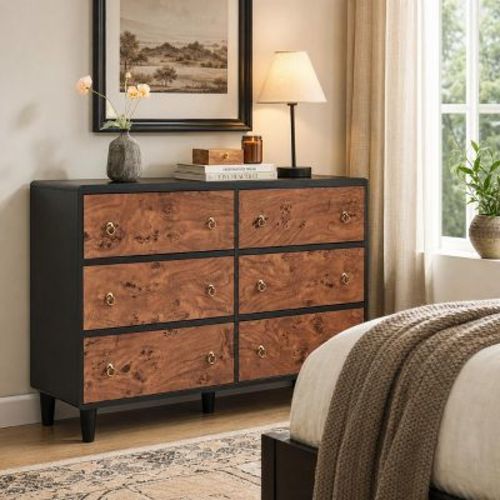 Garvee 6 Drawers Dresser for Bedroom, 47" Wide Modern Drawer Chest with Metal Handles, Wooden TV Stand and Storage Organizer