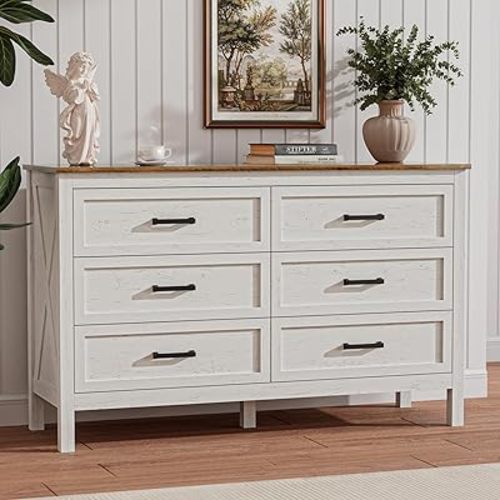 LYNSOM Farmhouse 6 Drawers Dresser for Bedroom, Wood Rustic Wide Chest of Drawers with Deep Drawers, Metal Handle, Storage Dressers Organizer for Entryway, Hallway, Antique White