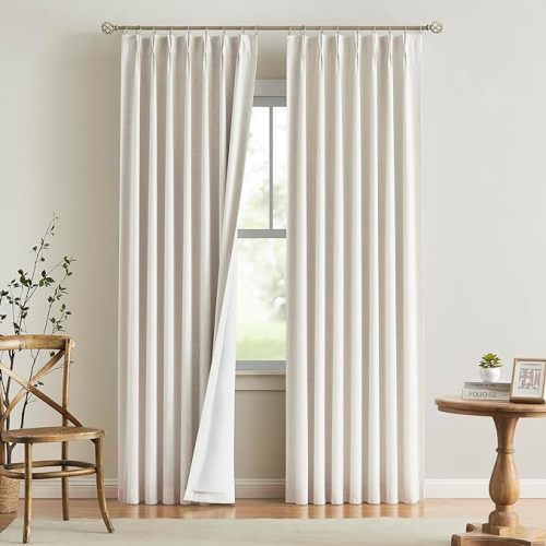 Vision Home Natural Pinch Pleated Full Blackout Curtains Linen Blended Room Darkening Window Curtains 90 inch for Living Room Bedroom Thermal Insulated Pinch Pleat Drapes with Hooks 2 Panel 40"Wx90"L - 40"x90"x2