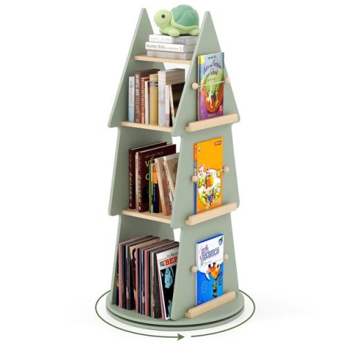 Tangkula Kids Rotating Bookshelf 4 Tier Tree Shape Revolving Bookcase 360°Display Rack