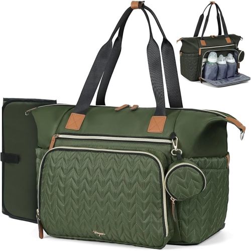 Diaper Bag Tote, Large Baby Diaper Bags Waterproof, Hospital Bag for Labor Delivery with Pacifier Case, Changing Pad, Shoulder Strap, Dark Green