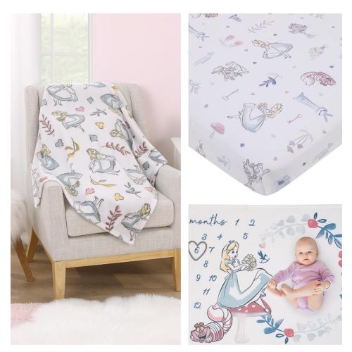 Disney Alice in Wonderland Baby Gift Set – 3-Piece Newborn Bundle with Mini Crib Sheet, Plush Blanket & Milestone Blanket Featuring Rabbit & Cheshire Cat