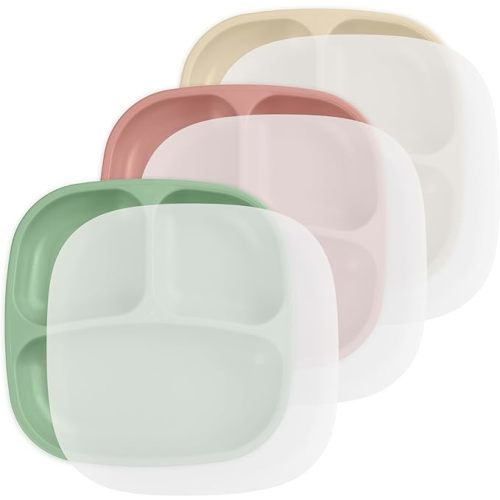 Re-Play Toddler Plates with Dividers - Deep-Walled 3 Compartments Divided Plates for Kids with 3 Lids - Dishwasher & Microwave Safe - Made in USA - Set of 3-7.37" x 7.37" x 1.25" - Desert Sands