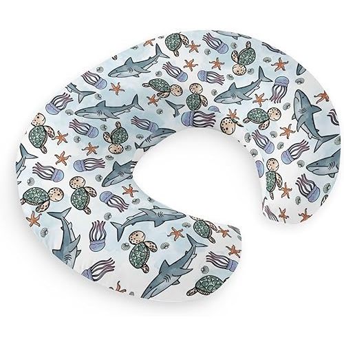 HawSkgFub Sea Ocean Animal Marine Life Nursing Pillow Cover Baby Boy, Blue Summer Shark Turtle Jellyfish Starfish Shell Breastfeeding Slipcover Underwater Creature Pillowcase Newborn Infant Cover Only