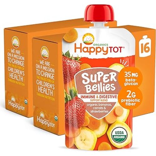 Happy Tot Organics Stage 4 Baby Food Pouches, Gluten Free, Vegan Snack, Super Bellies, Fruit & Veggie Puree, Banana, Carrot & Strawberry 4 Ounce (Pack of 16)