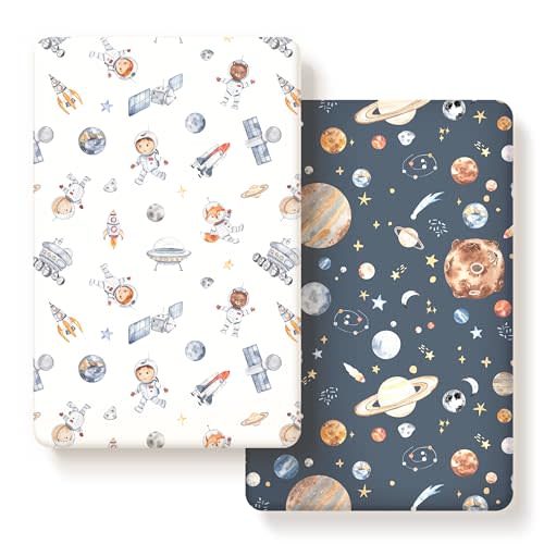 Stretchy Ultra Soft Jersey Knit Fitted Pack n Play Sheets Set 2 Pack, Portable/Mini Crib Sheets for Girls, Universal Fit for Pack N Plays Safe and Snug, Space Print