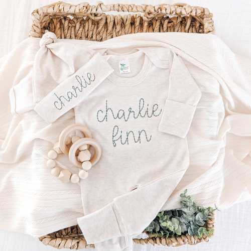 Personalized Outfit for Baby Boy, Custom Gift for Newborn, Embroidered Romper with Name, Neutral Romper with Hat Set, Baby Shower Gift