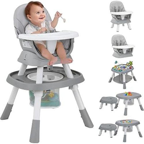 Baby High Chair with Activity Center,10-in-1 Convertible High Chairs for Babies and Toddlers with Baby Toys,Building Block Table and Chair Set,Highchair for Ages 6-120 Months,Grey
