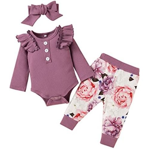 Infant Baby Girl Outfits Ribbed Knitted Ruffle Romper Button Down T Shirt Floral Print Pants with Headband 3Pcs Sets